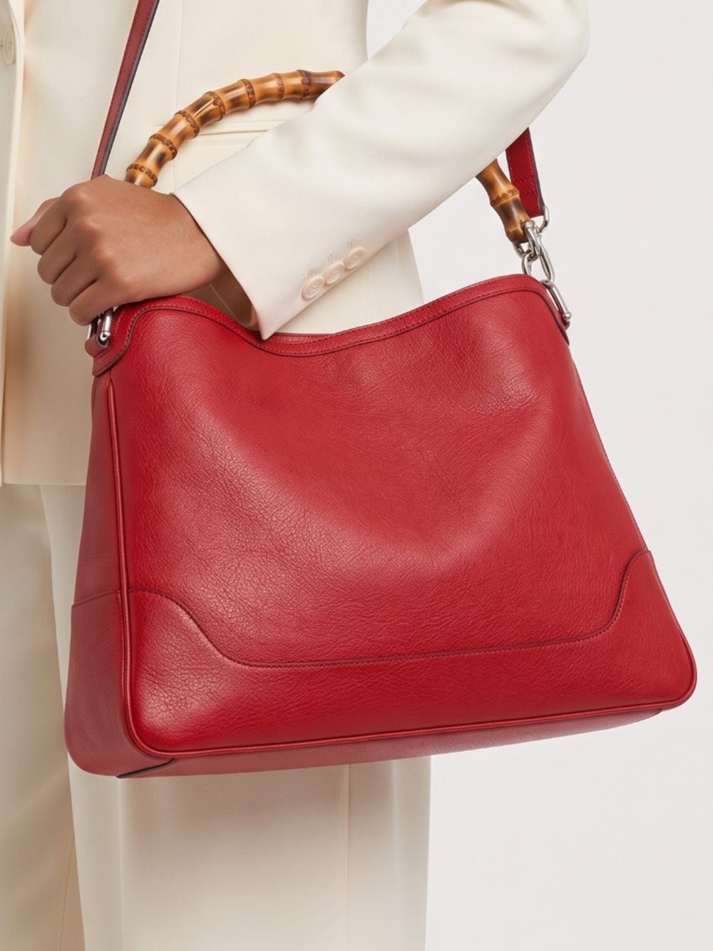 Gucci Red Leather Shoulder Bag with Bamboo Handle.